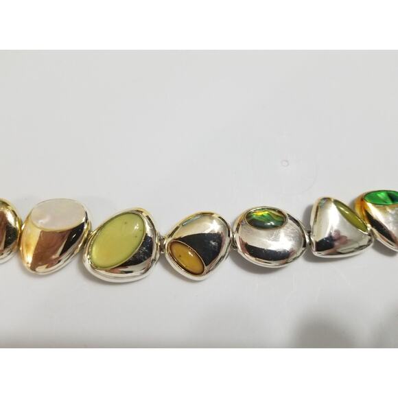 Seven inch silvertone bracelet with inlay stones green yellow b45 - Picture 3 of 11